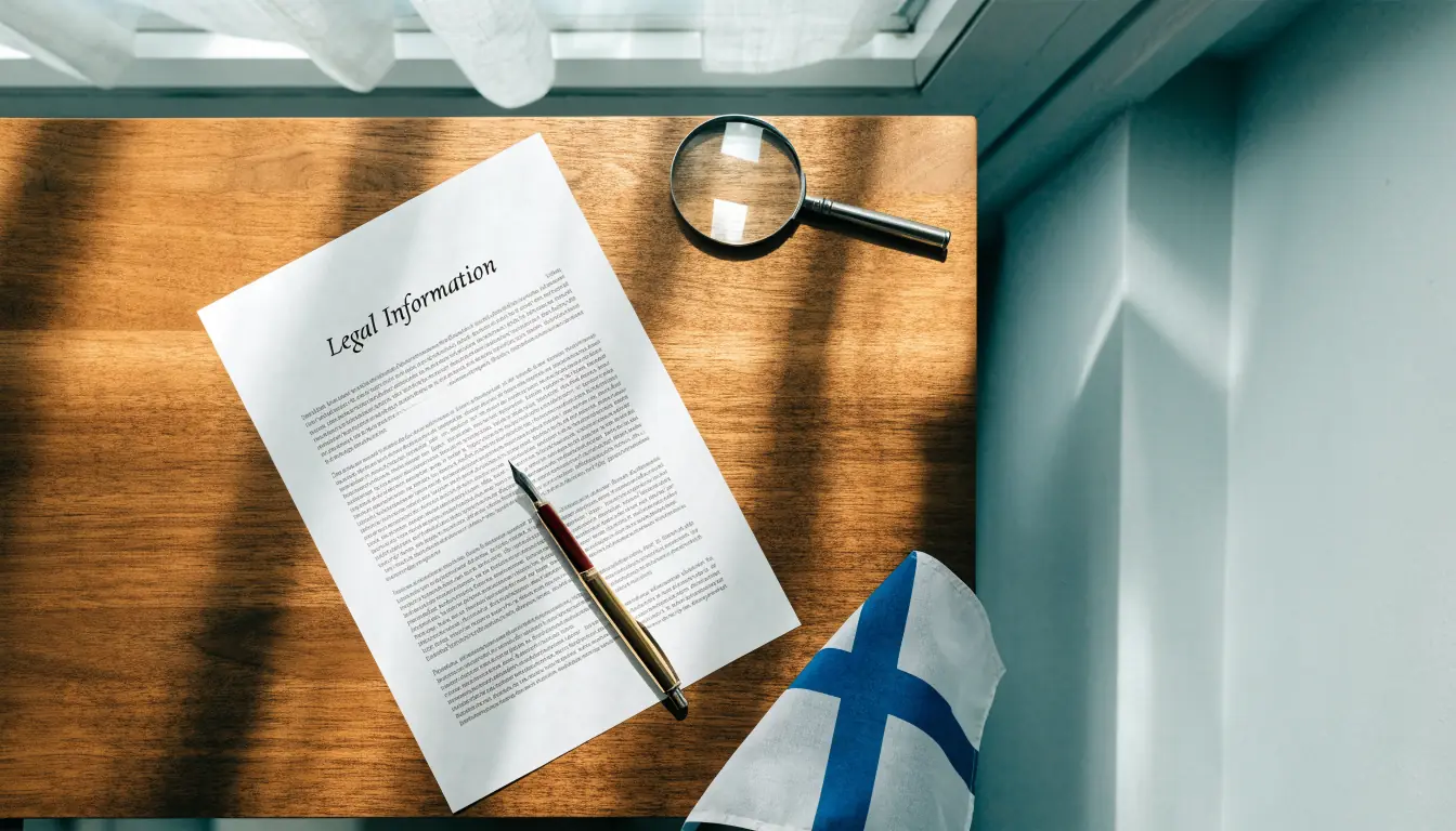 Työpöytä, jossa painettu lakisääteinen asiakirja ja kynä, suomalainen lippu kulmassa