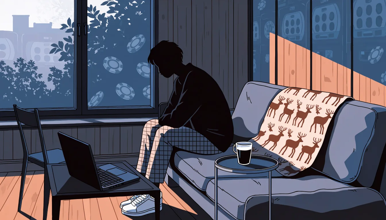 Suomalainen olohuone peliaiheisella sisustuksella ja kannettavalla tietokoneella